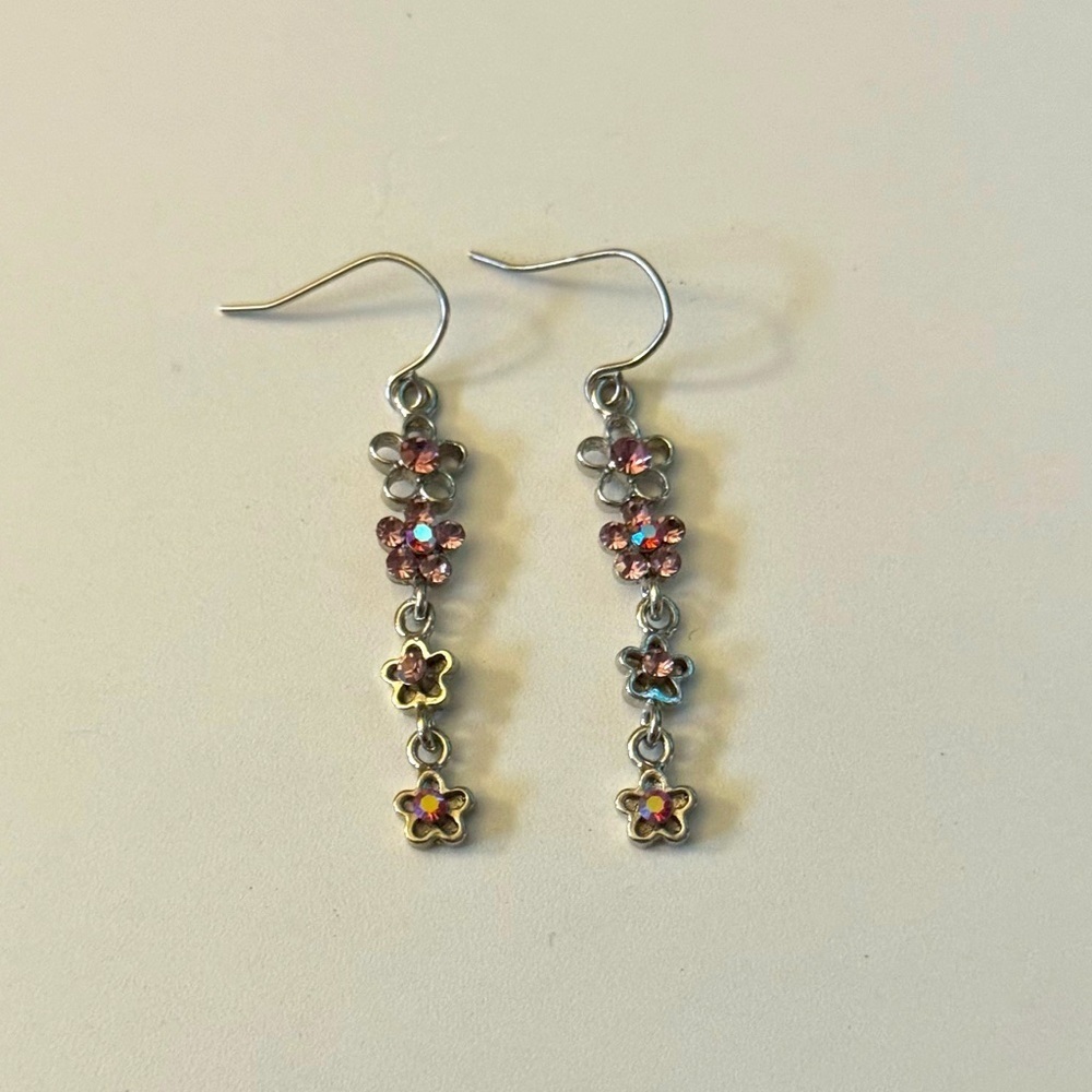 Handmade pink and silver flower dangle earrings